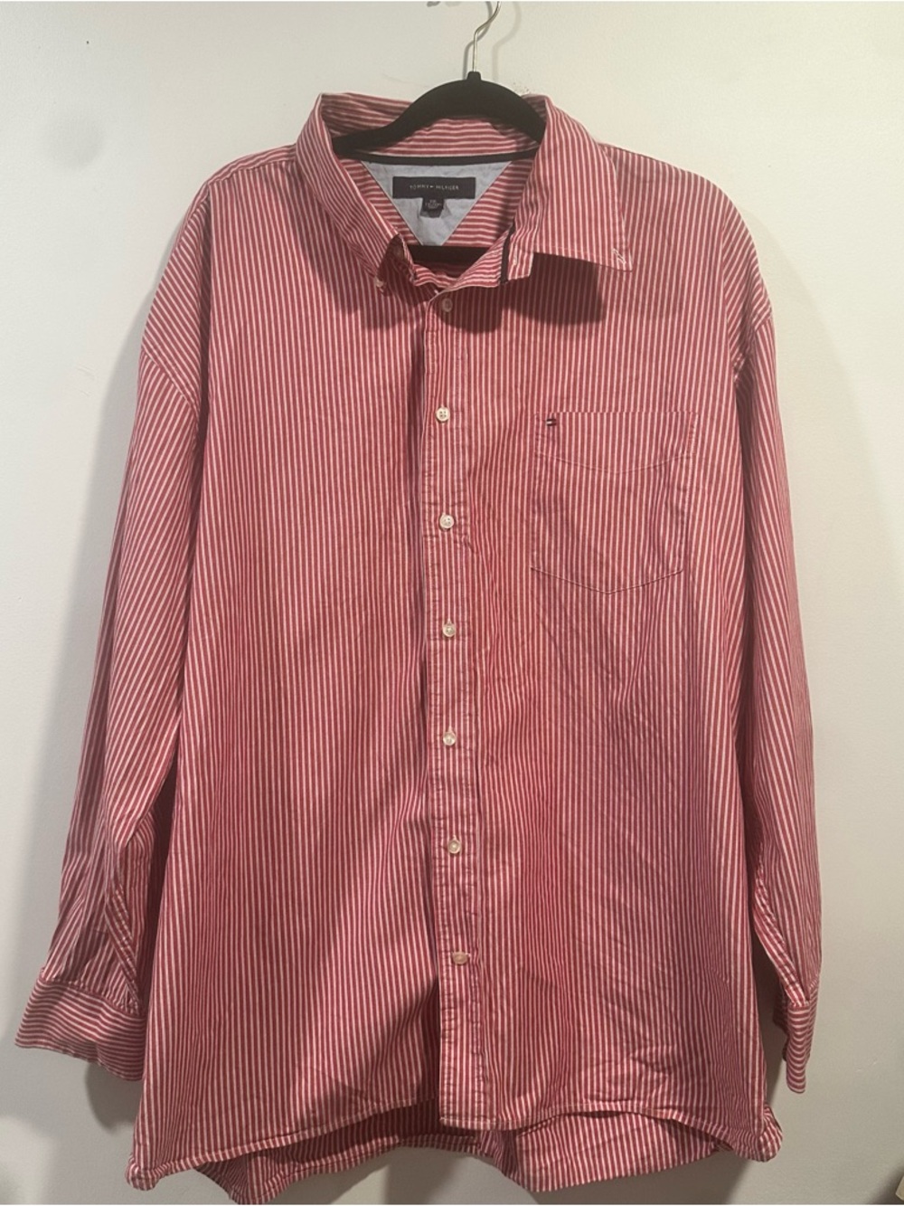 Y2K Tommy Hilfiger Red and White Striped Button-Down Shirt XXL 100% cotton